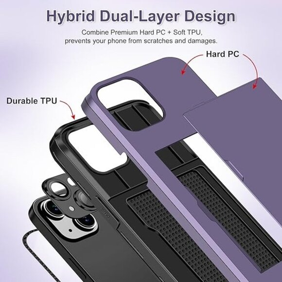 4-in-1 for iPhone 15 Case Wallet with Screen Protector & Camera Cover,Gray Purpl - Picture 3 of 4